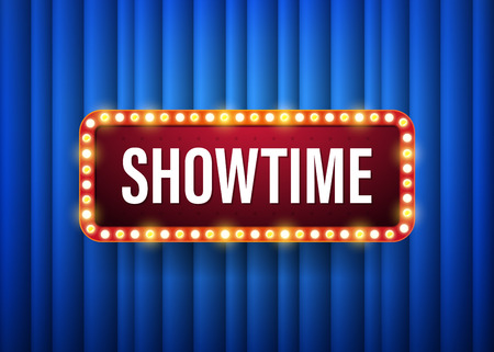 Showtime. text with electric bulbs frame on blue background. Vector illustrationのイラスト素材