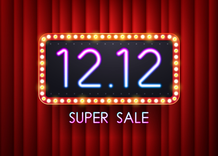 12.12 Super sale text with electric bulbs frame on red background. Vector illustrationのイラスト素材