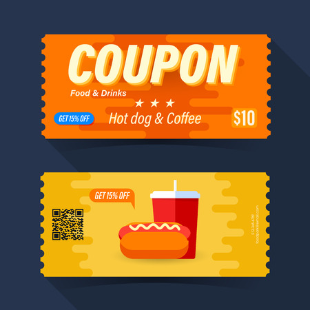 Food and drink coupon ticket card. Hot dog and coffee element template for graphics design. Vector illustrationのイラスト素材