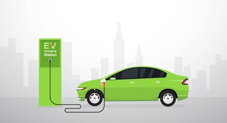 EV Electric car battery charging at station. Vector illustrationのイラスト素材