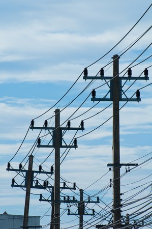Electric tower on a blue sky background.の写真素材