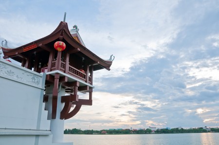 One pole shrine in lake, Vietnam art,Thailand.の写真素材