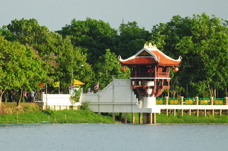 One pole shrine in lake, Vietnam art,Thailand.の写真素材