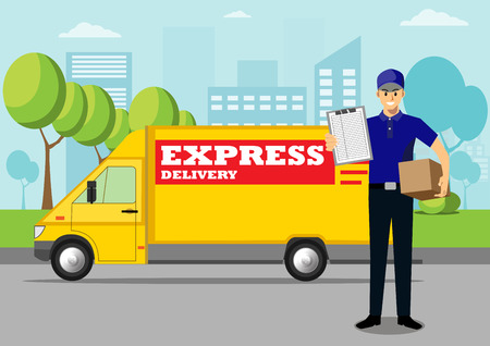 Delivery man delivering parcel box,cartoon flat-style vector illustration.のイラスト素材