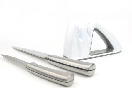 Plastic grey and white sharpener on isolated white backgroundの写真素材