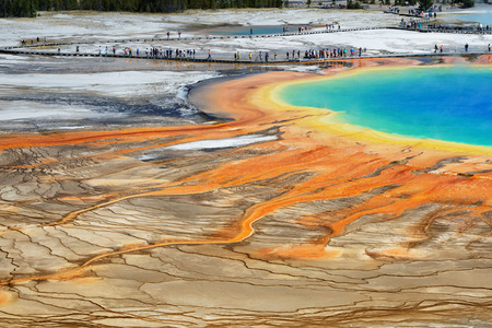 Famous trail of Grand Prismatic Springs in Yellowstone National Park from high angle view. Beautiful  hot springs with vivid color blue green orange in Wyoming.の写真素材