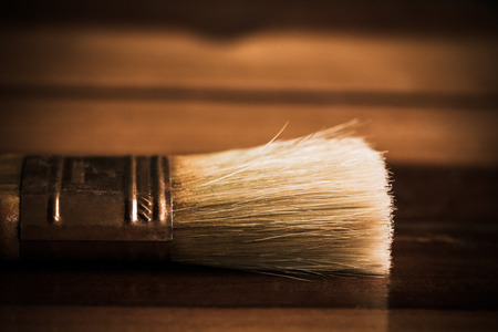 Equipment used in the brown wooden table.の写真素材