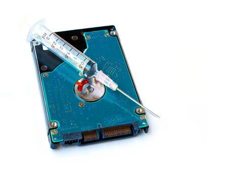 Hard disk drive character holding syringe isolated on white background.