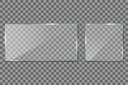 Glass frame on transparent background. Acrylic, Plexi glass. Rectangle window mockup with shadow. Glossy clear surface. Horizontal panel, frame for digital screen. Plastic light shiny plates. Vector.のイラスト素材