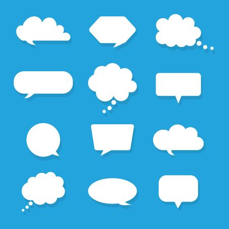 Set of blank white speech bubbles and text boxes isolated on blue background. Comic message bubbles. Social chatting for online web comments, discussions and thinks. Different shape balloons. Vectorのイラスト素材