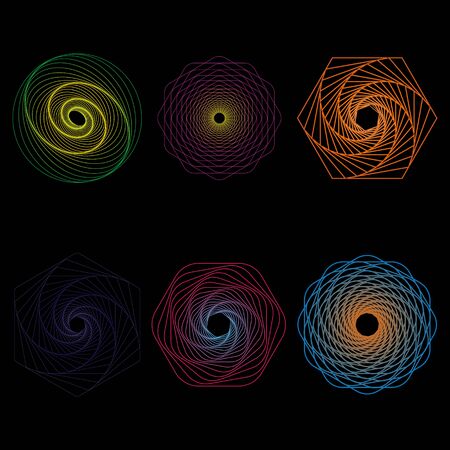 Set of Hexagon, circle and spiral lines. Abstract color shapes on black background. Twisted tunnels 3d technologies. Concept of swirl, alchemies. Dynamic geometric abstract elements for music. Vector.のイラスト素材