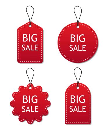Set of red sale tags and labels isolated on white background. Banner of discount and price tags is marketing. Shopping coupon, sticker, bookmark, ribbon, invitation with stitches. Trendy store. Vectorのイラスト素材