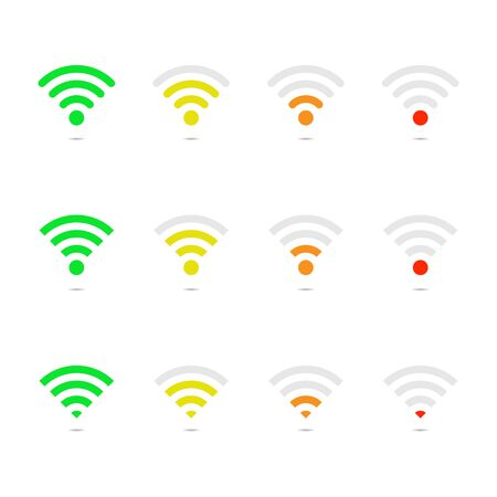 Wireless signal strength on white template. Maximum, medium, minimum wireless strength signal. Connection antenna of router. Green, yellow, orange, red indicator. High, low level signal. Free set. Vectorのイラスト素材