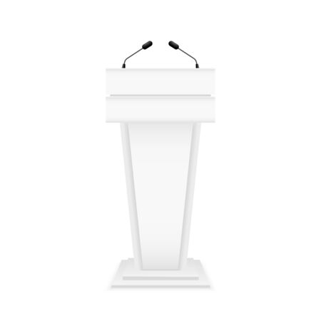 White podium tribune with microphones. Wooden stage isolated on white background. Empty rostrum speech for orator. Pedestal for lecture, seminar, conference and debate. Microphones for speaker. Vectorのイラスト素材
