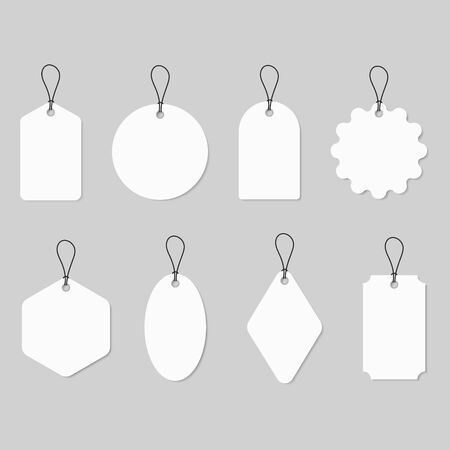 Set white labels in different shapes with string isolated on grey background. Blank card and sticker. Tags for price, gift, discount, luggage or sale. Paper mockup for shop, promotion, banner. Vector.のイラスト素材