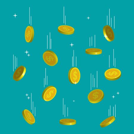 Falling golden coins. Shiny golden coins. Dollar gold cents on blue background. Money rain from sky. Finance, cash, treasure concept. Bitcoin currency symbol. Investment in a business project. Vector.のイラスト素材