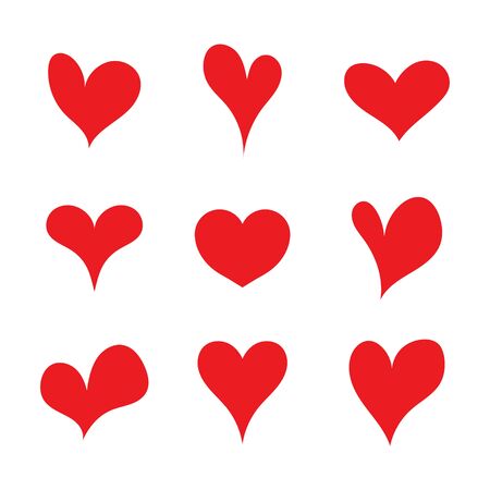 Red set heart shapes. Flat heart symbol. Sticker Valentine day and heart icon. Various asymmetrical silhouettes. Collection for passion, love, tattoo, cartoon, wedding. Graphic sign of like. Vector.のイラスト素材