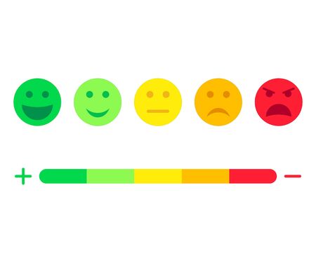 Feedback scale service with emotion icons. Meter emoticons empathy. User experience and feedback. Concept communication with customer. Opinion, evaluation, review rating. Good, bad mood face. Vector.のイラスト素材