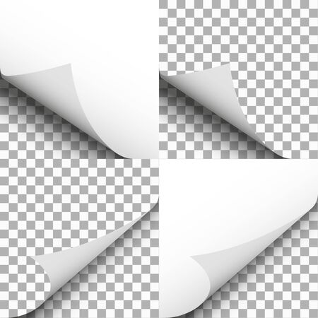 Pages curl set. Papers corner with shadow. Blank notepad. Edge of stickers. White sheet template with angle on transparent background. Border, frame, label for book, cover design. Page peel. Vector.のイラスト素材