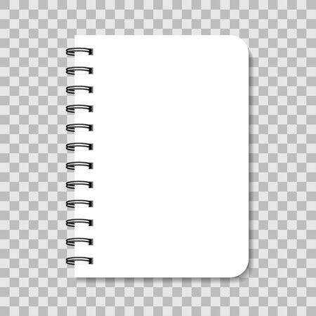 Blank notebook with spiral. Paper note with cover and binder. White notepad isolated on transparent background. Mockup of diary, memo, copybook, organizer, textbook. Empty page document. Vector.のイラスト素材