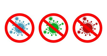 Virus icons. Stop corona. Sign bacteria danger. Antibacterial protection. Cell microbe infection. Warning coronavirus. Blue, green, red symbol of quarantine. Sign antiseptic and prevention. Vector.のイラスト素材
