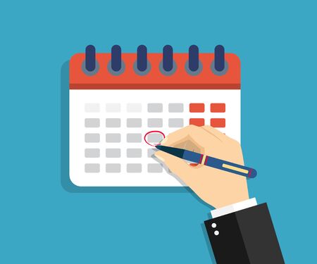 Calendar with circled date, appointment. Arm marks holiday in Calendar on the wall. Schedule of events on day, week, month and year. Important office plan. Banner for app, deadline, poster. Vector.のイラスト素材