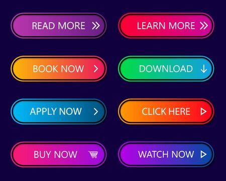Buttons of call web action. Glow neon button for more, learn, download, read, buy, game. Gradient icon with shadow. Infographic for internet navigation, apps, interface. Modern colorful menu. Vector.のイラスト素材