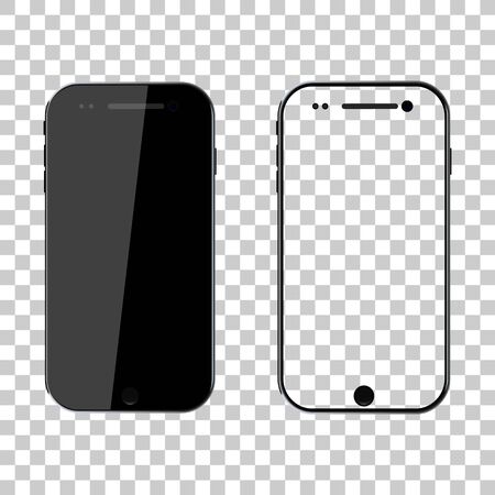 PNG mockup. Phone mock up. Black smartphone. Mobile cellphone with blank screen isolated on transparent background. Template and frame of smart. Realistic 3d 6,7 ui for app, background. Vector.のイラスト素材