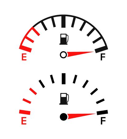 Gauge of fuel. Guage of gas, gasoline. Full or empty tank of petrol or diesel in car. Indicators on dashboard in auto. Dial of measurement, level, control power. Efficiency of pump equipment. Vector.のイラスト素材