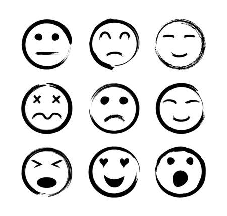 Face icons. Emoticon with emotions of happy, sad, funny, angry, love, cry and laugh. Sketch smiles. Set with doodle emoji. Black smiley in line style. Handdrawn cartoon persons. Kid symbols. Vector.のイラスト素材