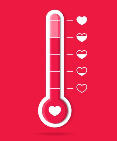 Thermometer of love and heart. Meter of temperature icon. Happy goal in romance. Hot weather. Barometer with scale for health body. Gauge with level good emotion in Valentine day. Hot customer. Vectorのイラスト素材