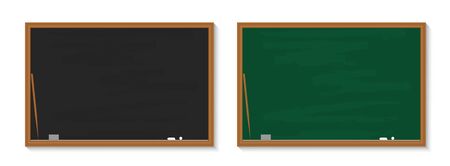Chalkboard in school. Blackboard with chalk in classroom. Wood black, green boards in class for education. Background, banner for teacher, university, restaurant. Texture, frame for learning. Vector.のイラスト素材