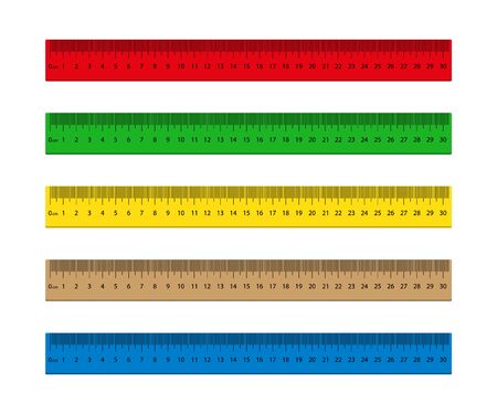 Ruler with measure of inch, mm, cm. Wooden, metal scale with metric for school. Stationery for class desk. Red, blue, green tape meter for geometry, education. Centimeter, millimeter distance. Vector.のイラスト素材