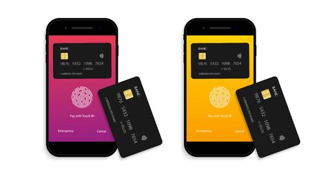 Payment for credit card from phone. Mobile nfc icon. Contactless pay from cellphone. Receive and processing online transfer. Mockup of smartphone with paywave, chip for wireless transaction.Vector.のイラスト素材