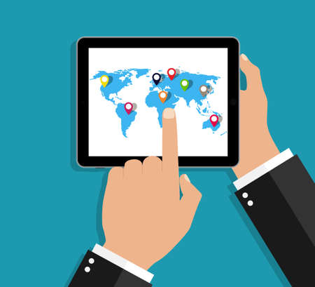 World map in tablet. Hand hold pc with earth map and infographic pointers. Gps app for travel, business. Web graphic interface on digital screen. Smart tablet in man hands for global network. Vector.のイラスト素材