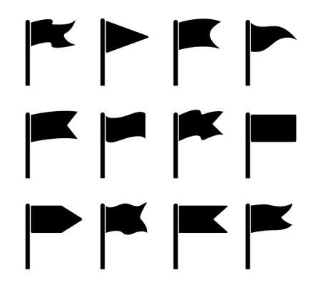 Flag icons. Shapes for pennants and wavings. Flagpole location on map. Set of poles with banners. Black start and finish symbols. Silhouettes, markers for event, destination. Simple sign, pin. Vector.のイラスト素材