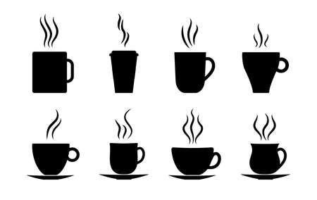 Coffee cups icon. Silhouette of hot tea, latte, espresso with steam. Cafe symbol. Mug coffee drink takeaway. Black graphic logo for restaurant. Break for aroma cappuccino. Simple set. Vector.のイラスト素材