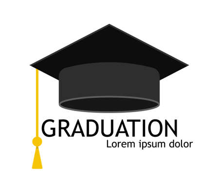 Hat of graduate. Cap for student of university or school. Icon of education and diploma. Hat with tassel for master college, academy. Degree professor or scholar. Academic, study symbol. Vector.のイラスト素材