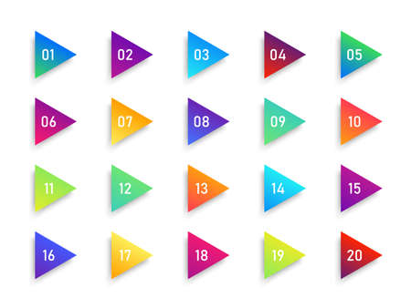 Bullet number icon. Triangle arrow of infographic. 20 gradient box or button. 3d marker for info. List of colorful elements for label and text. Design graphic flag for web pointer and page. Vector.のイラスト素材
