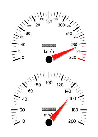 Car speedometer. Odometer on dashboard. Speed gauge with kilometer and mile. Counter of km, mph, mileage. Scale for fast race. Rpm on panel. Auto engine background. Limit of speed on sport car. Vectorのイラスト素材