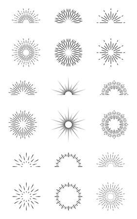 Sunburst lines. Circle, half circle of burst sun. Sparks and rays of stars. Retro elements of sunshine. Icons of sunset or sunrise. Radial vintage wreath for creative frame and abstract badge. Vector.のイラスト素材