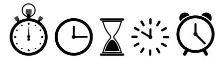 Time on clock. Icons timer. Hour in sand watch. Hourglass, alarm and stopwatch in line style. Date in circle. Set of symbol 24 hour. Simple graphic sign of deadline. Concept of countdown. Vector.のイラスト素材
