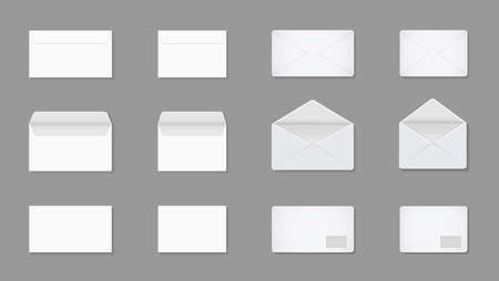 White letter in envelop. Blank mockup of a4, a5, c5 for post. Open and closed paper card for mail. Envelopes in front with documents. Template for stationery in office, business and messages. Vector.のイラスト素材