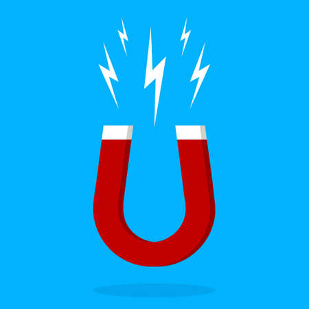 Magnet icon. Electromagnetic horseshoe for attract. Red symbol of force pull. Field of power magnet. Cartoon shape isolated on blue background. Energy concept. Sign of attraction in physics. Vector.のイラスト素材