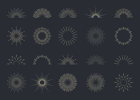 Burst of sun. Starburst with light ray. Sunburst with shine lines, sunshine.  Set of retro radial sparks. Simple hand drawn graphic icons. Vintage badge, label. Abstract firework. Vector.のイラスト素材