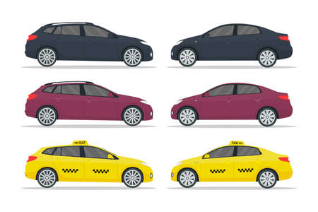 Car taxi. Sedan, hatchback, cab, suv. Luxury auto mockup in side. Realistic vehicle isolated on white background. Top branding automobile for traffic, family and travel. Yellow car taxi. Vector.のイラスト素材