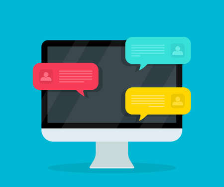 Online chat in computer. Notification with text for sms app. Conversation with help speech bubbles...