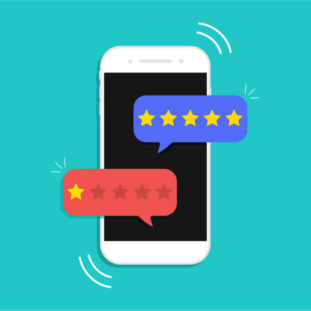 Review from customer. Online star rate. Feedback in social from mobile. Satisfaction of client from service in smartphone. Bad or good evaluation. Application for experience. Business vote. Vector.のイラスト素材