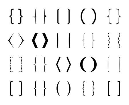 Parenthesis. Curly bracket for text. Brace icon. line and frame for typography and punctuation. Vintage design shapes. Square signs for school. Hand drawn symbol. Set of graphic calligraphy. Vector.のイラスト素材