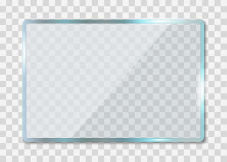 Glass texture. Acrylic window with reflection. glas with overlay effect. Plastic clear banner with shine, glare on transparent background. Square screen for display, billboard, showcase. Vector.のイラスト素材